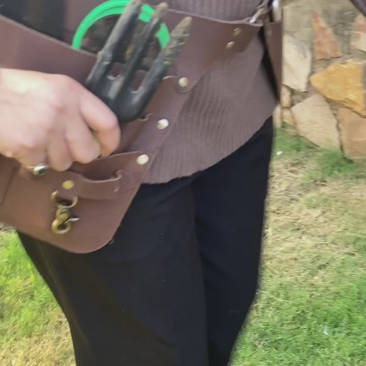 personalized Light Brown leather gardening tool belt organizer, best gift
