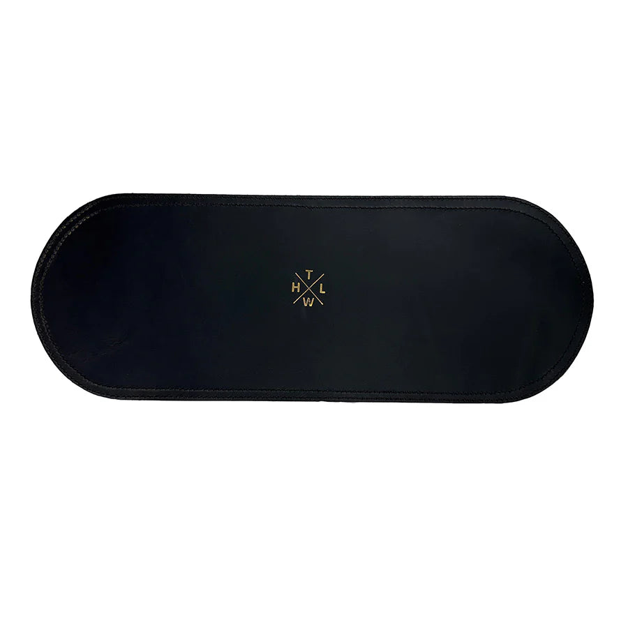 Black oval-shaped product with a logo on a white background