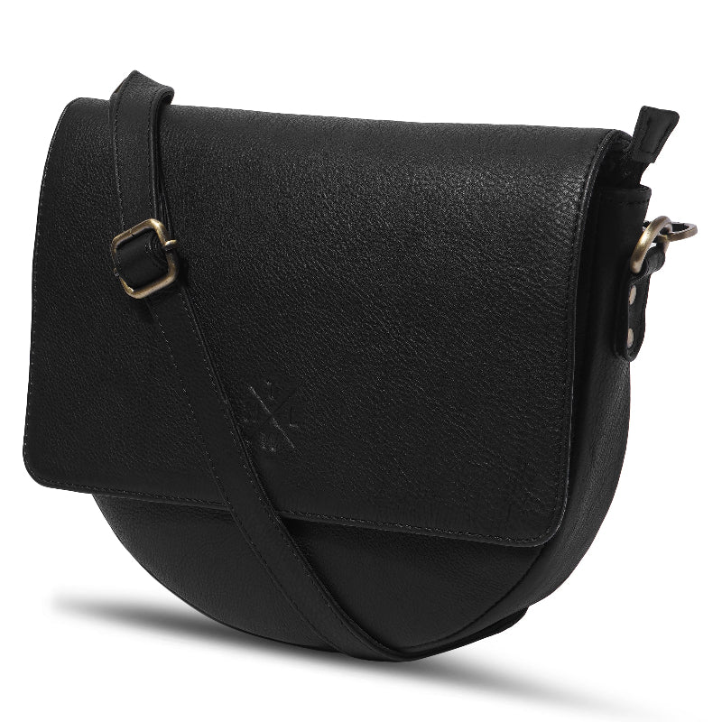 Black leather saddle bag on a white background