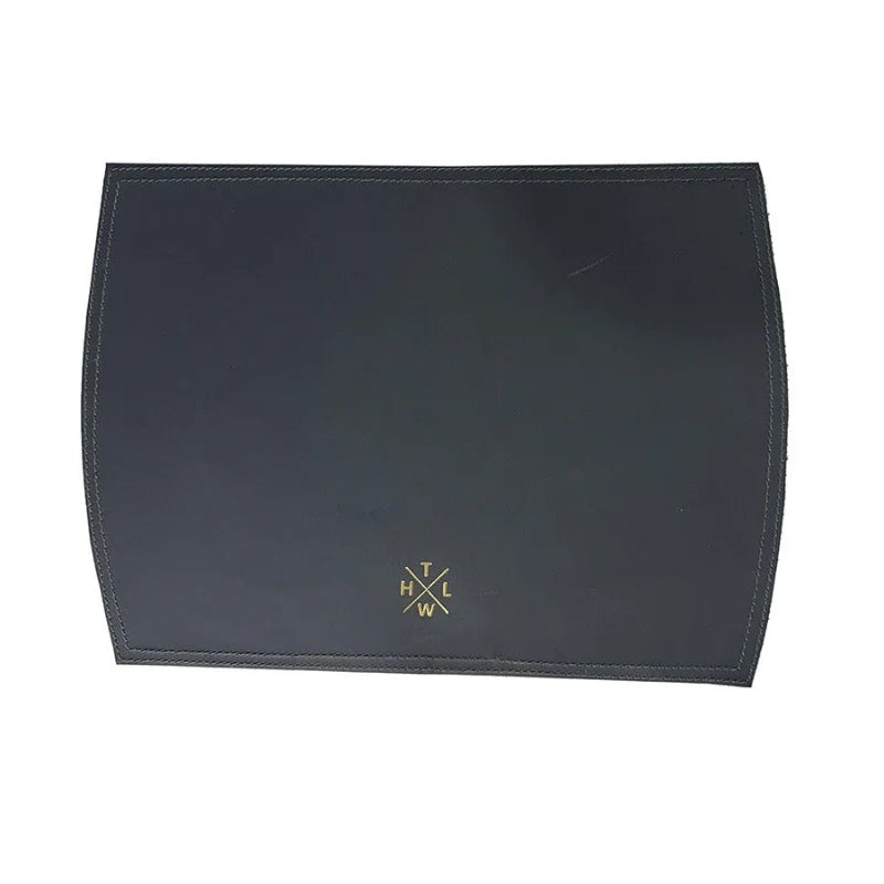 Black leather pouch with gold logo on a white background