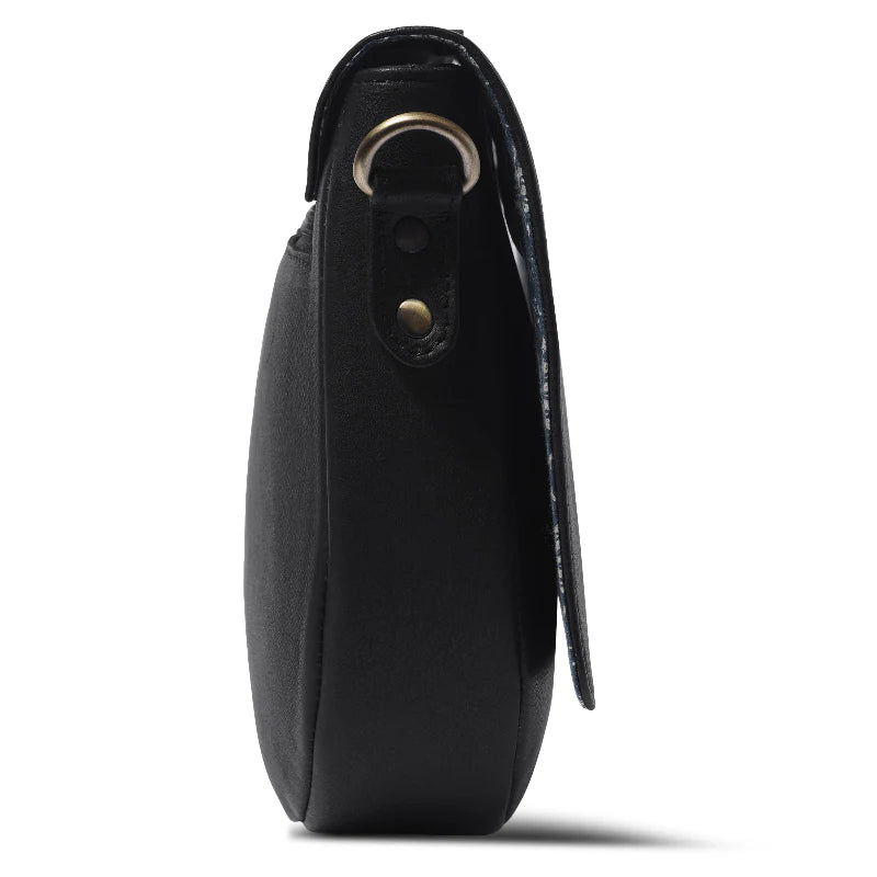 Black leather pouch with a strap on a white background