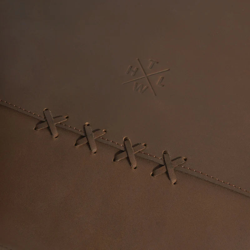 Close-up of a brown leather product with stitching details