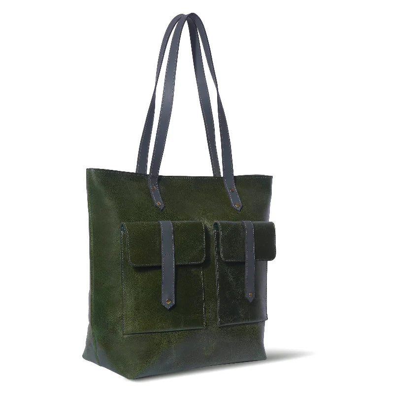 Green tote bag with black accents on a white background
