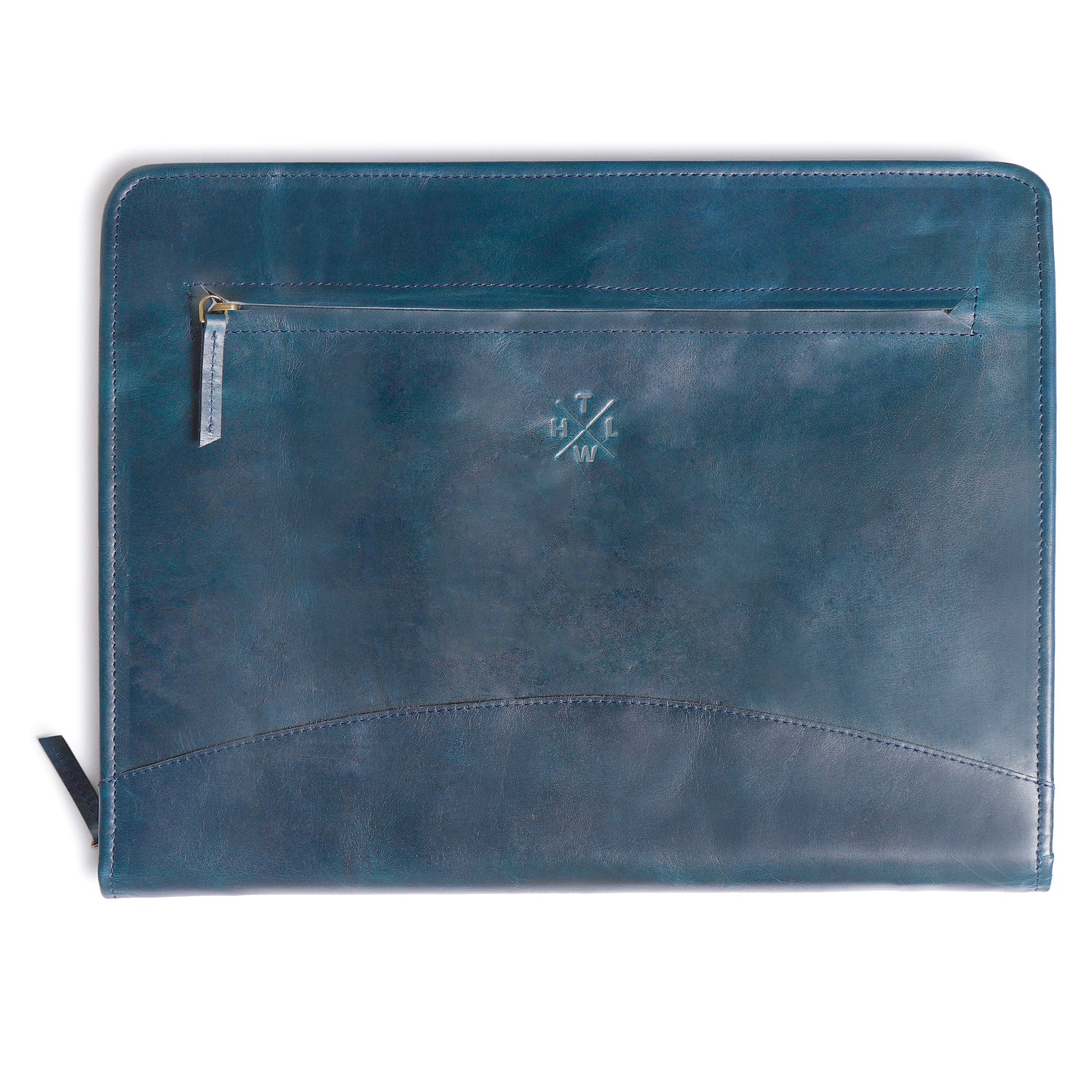 Blue leather pouch with a zipper on a white background