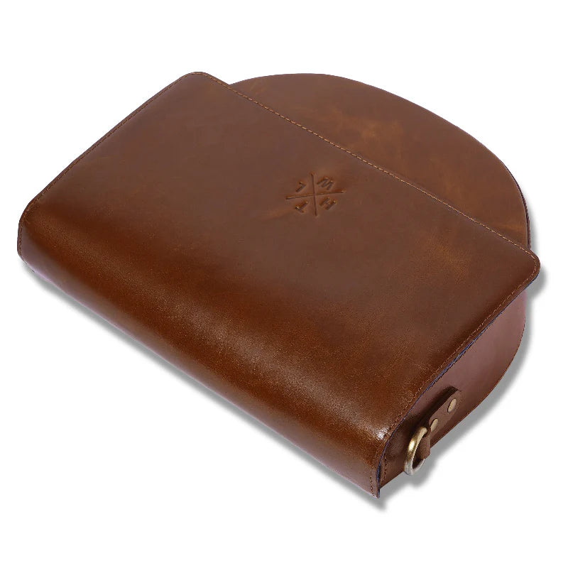 Brown leather case with a brand logo on a white background
