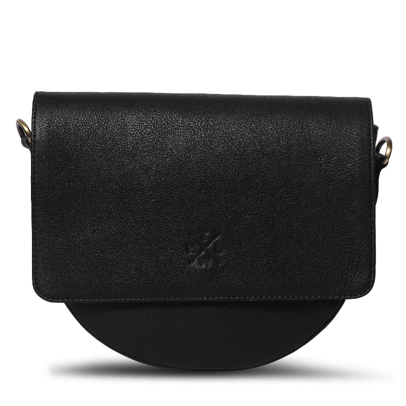 Black leather handbag with a subtle logo on a white background