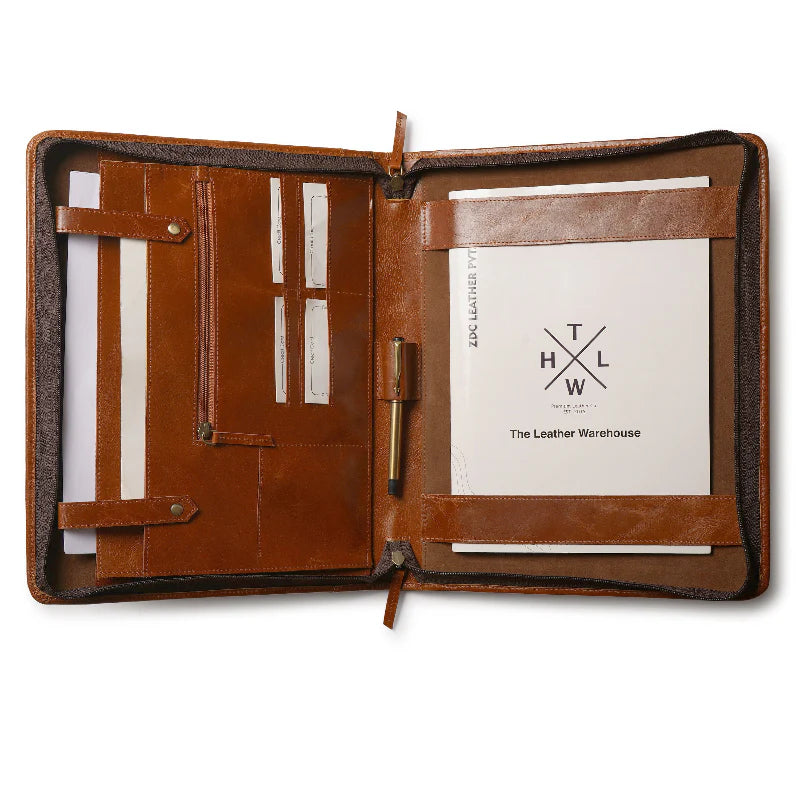 Brown leather wallet with a pen holder and visible brand logo on a white background