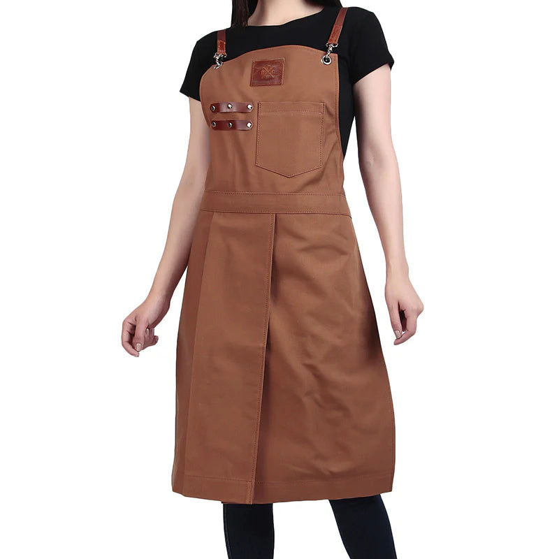 Brown apron worn by a person on a white background