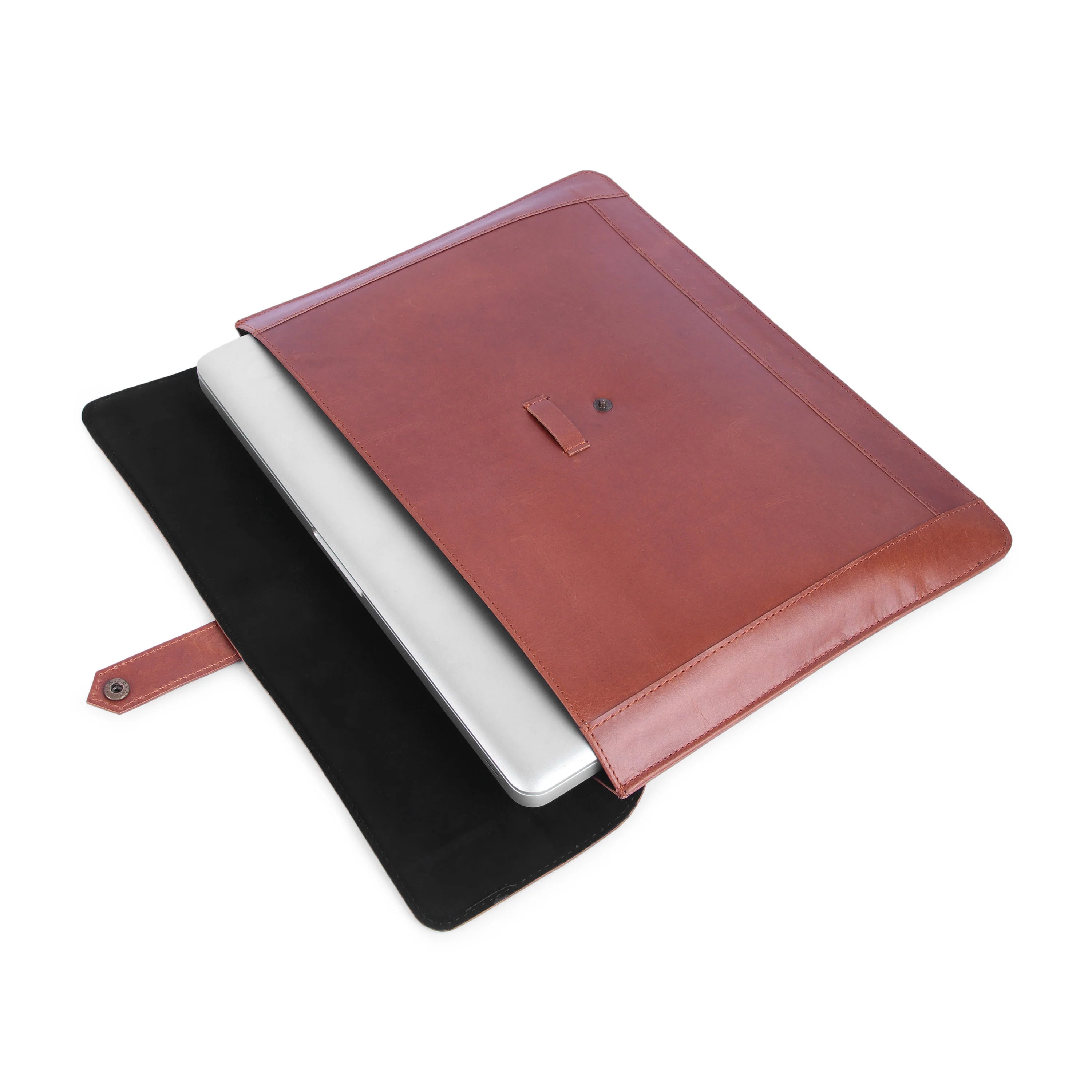 Brown leather laptop sleeve with a black interior on a white background