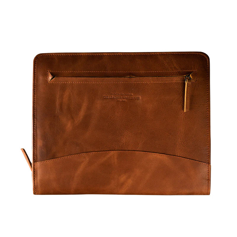 Brown leather pouch with a zipper on a white background