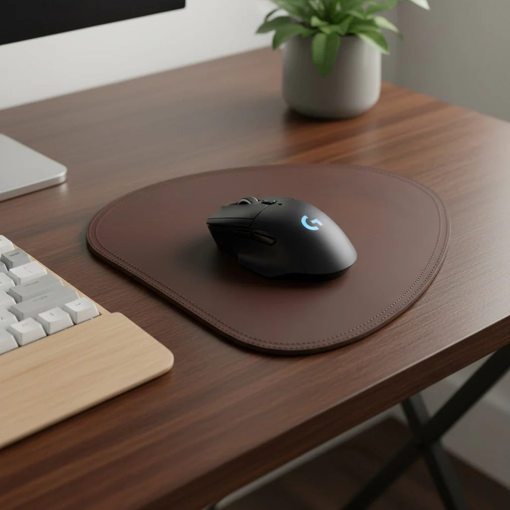 Black gaming mouse on a brown mouse pad with a keyboard and plant in the background.