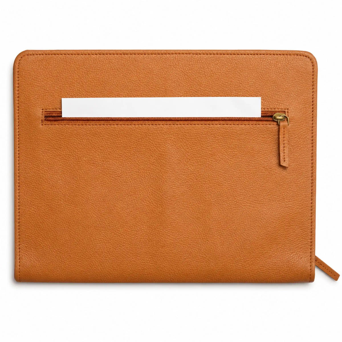 Back view of a tan leather portfolio featuring a horizontal zipper pocket