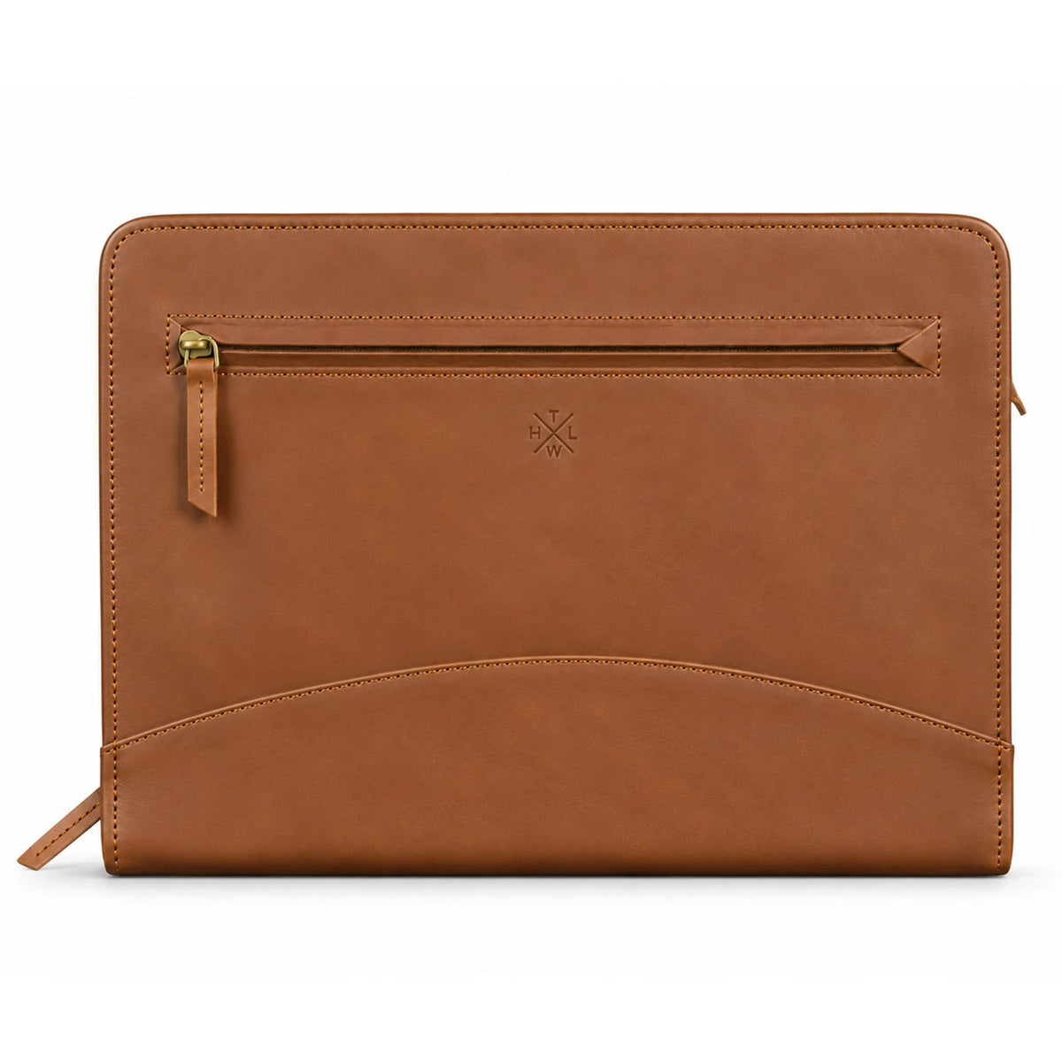 Tan leather portfolio folder with a front zipper pocket and smooth stitched leather finish