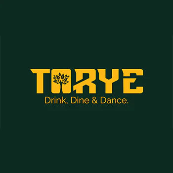 Yellow text 'Torye Drink, Dine & Dance' on a dark green background