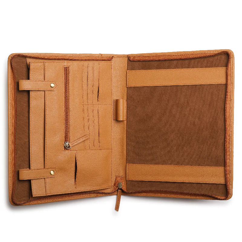 Brown leather portfolio with open design on a white background