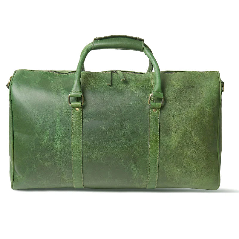 Green leather duffel bag on a white background