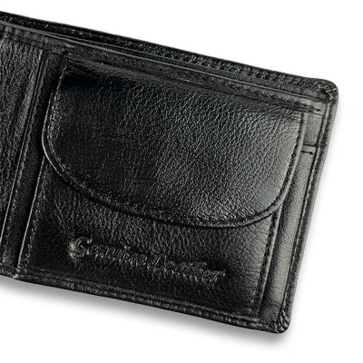 Close-up of a black leather wallet on a white background