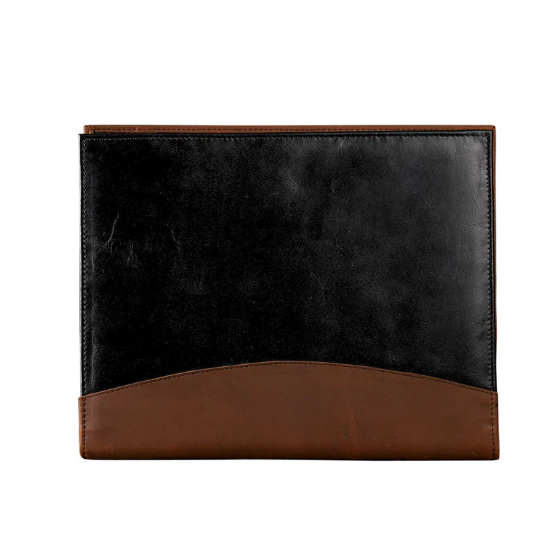 Black and brown leather portfolio on a white background