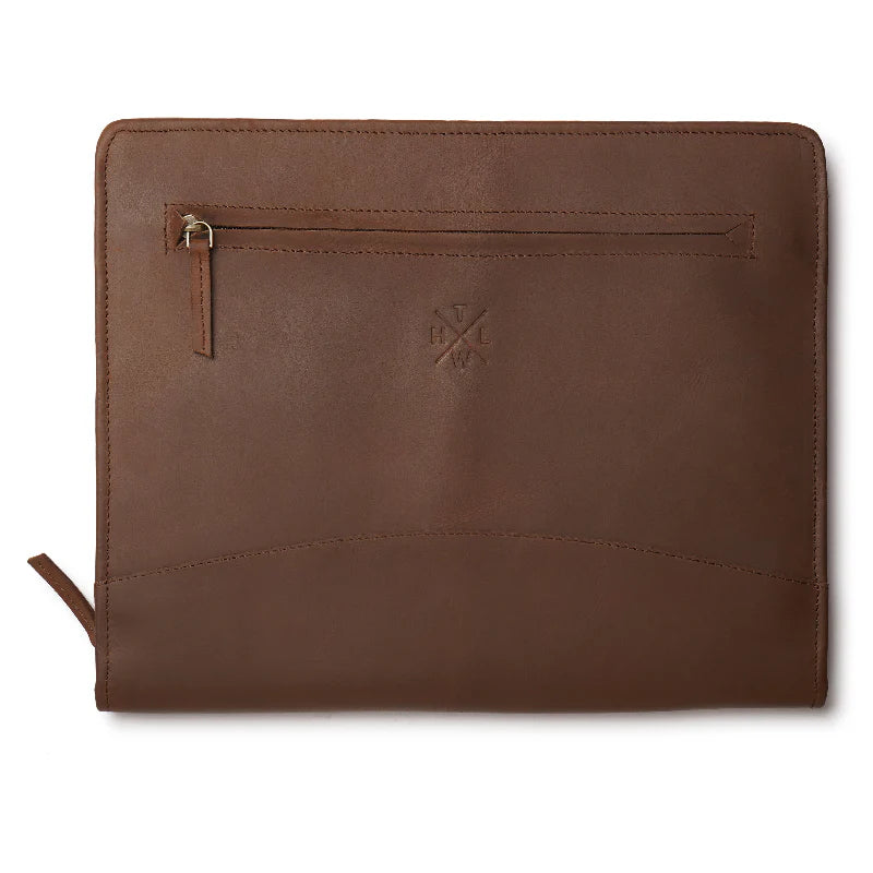 Brown leather pouch with zipper on a white background