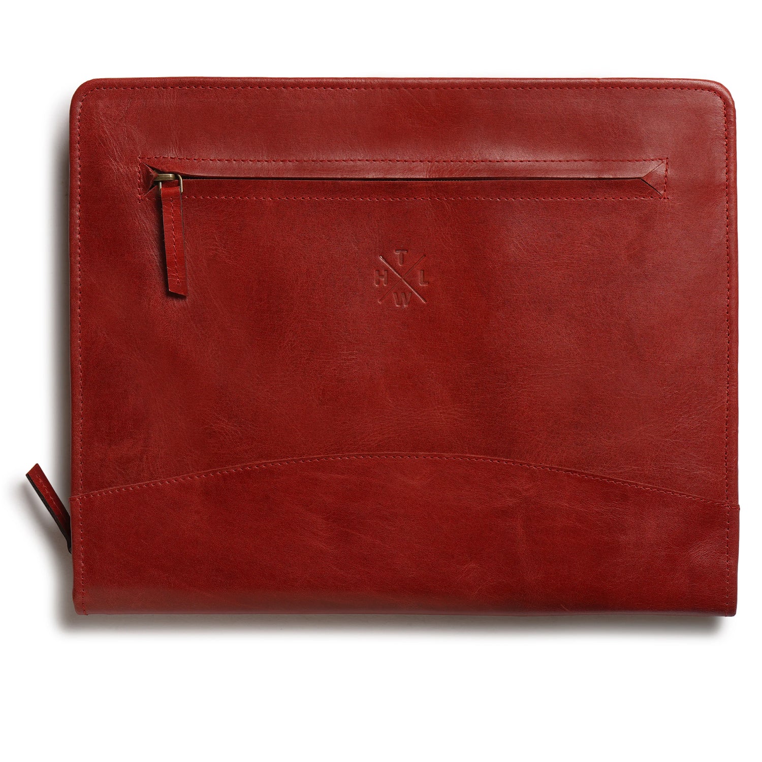 Red leather pouch with zipper on a white background
