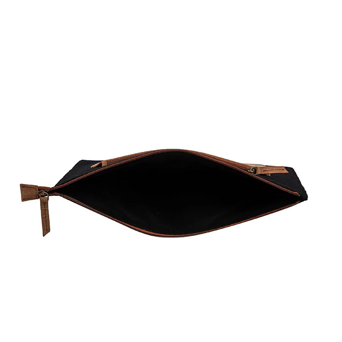Black pouch with brown leather accents on a white background