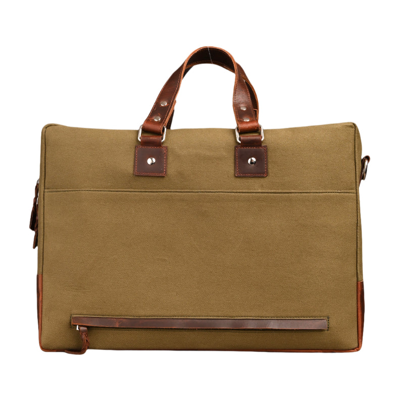 Brown canvas bag with leather straps on a white background