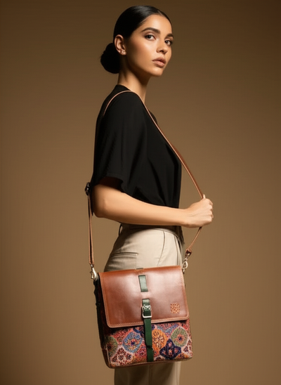 Woman holding a brown leather bag with a patterned flap against a brown background