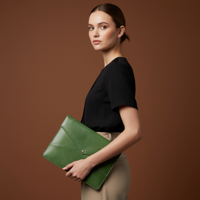 Woman holding a green clutch against a brown background