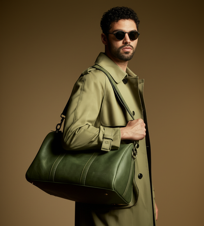 Man wearing a green trench coat holding a matching green bag against a brown background