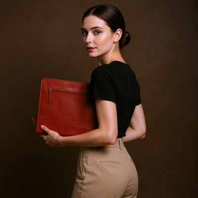 Woman holding a red leather clutch against a brown background
