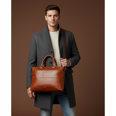 Man holding a brown leather briefcase against a brown background