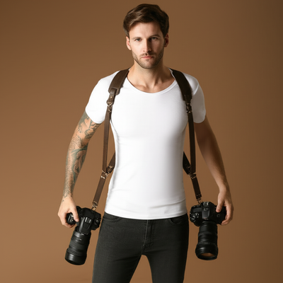 Man holding two cameras with straps over his shoulder against a brown background