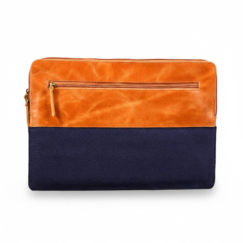 Two-toned orange and navy clutch bag on a white background