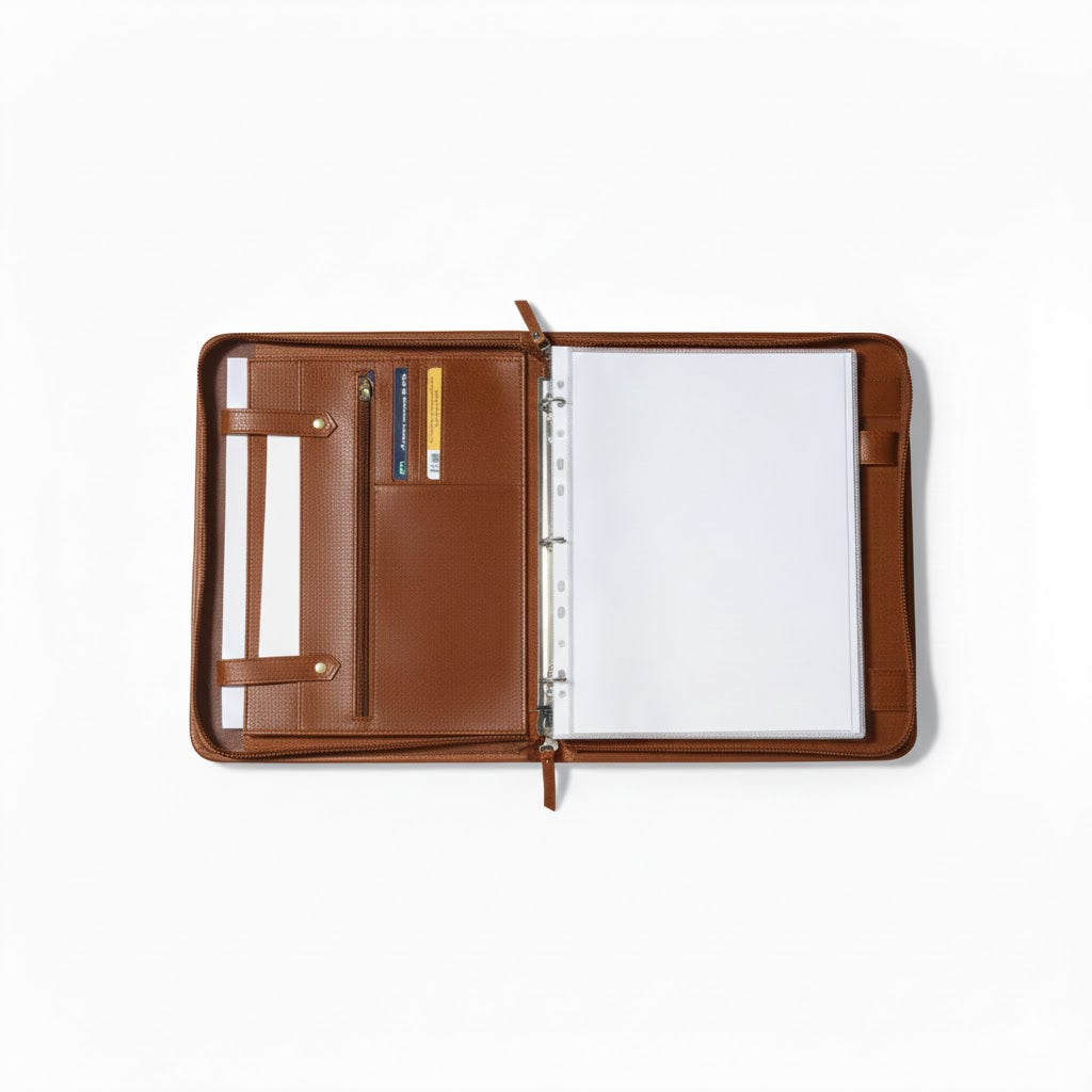 Brown leather portfolio with open design on a white background