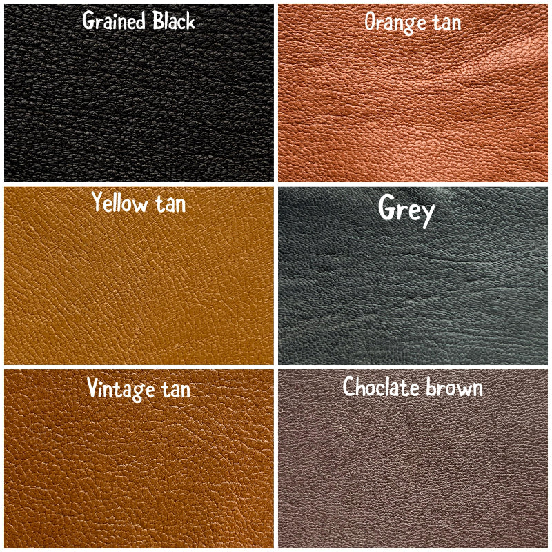 Six leather color swatches labeled with their names.