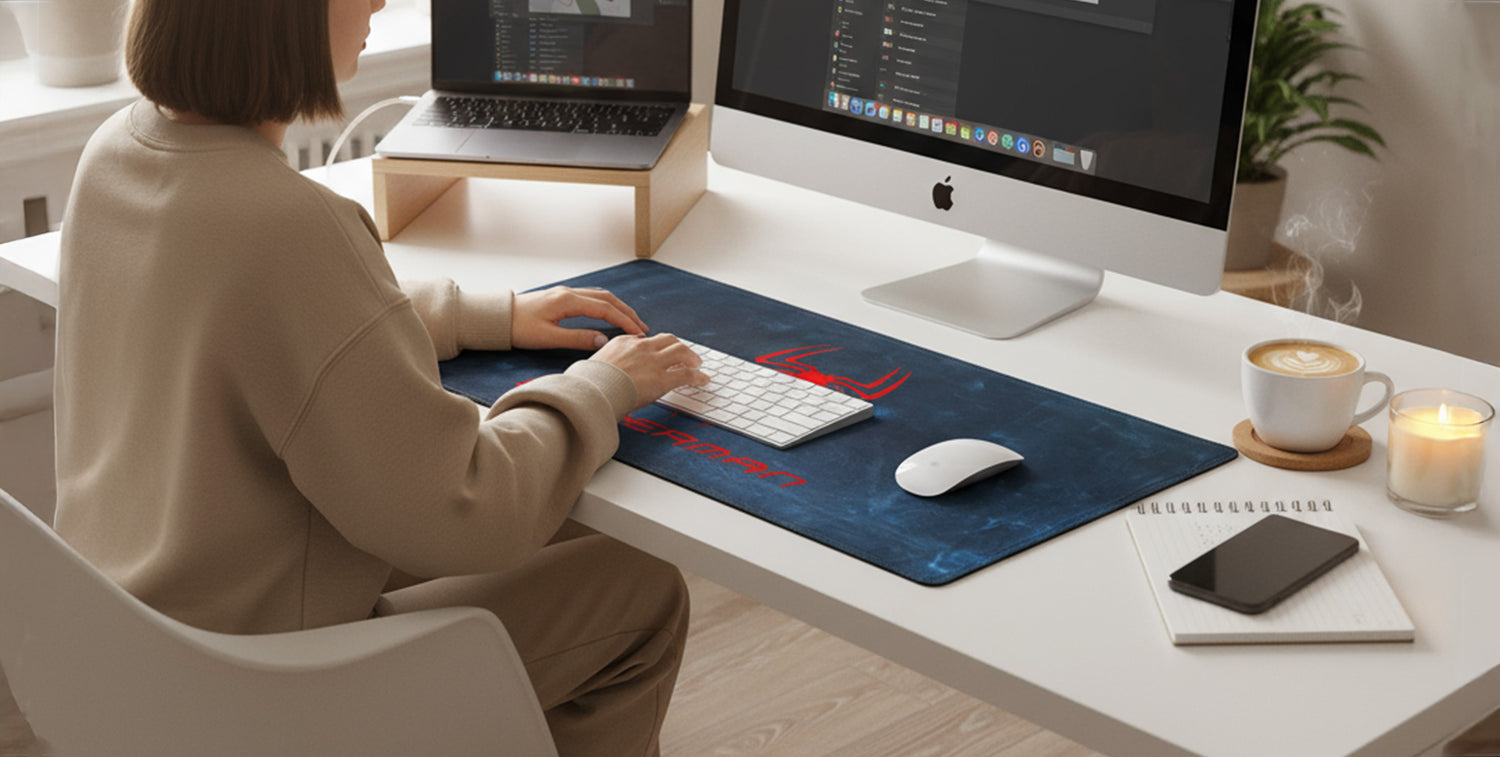 Person working at a desk with a computer and various items on a white surface.