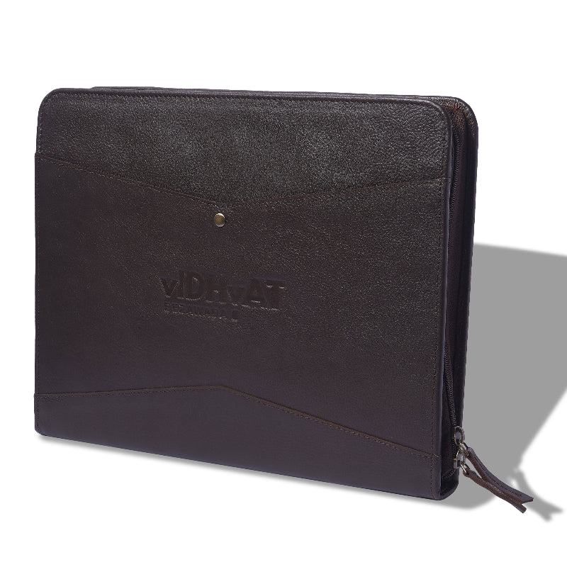 Black leather portfolio with zipper on a white background