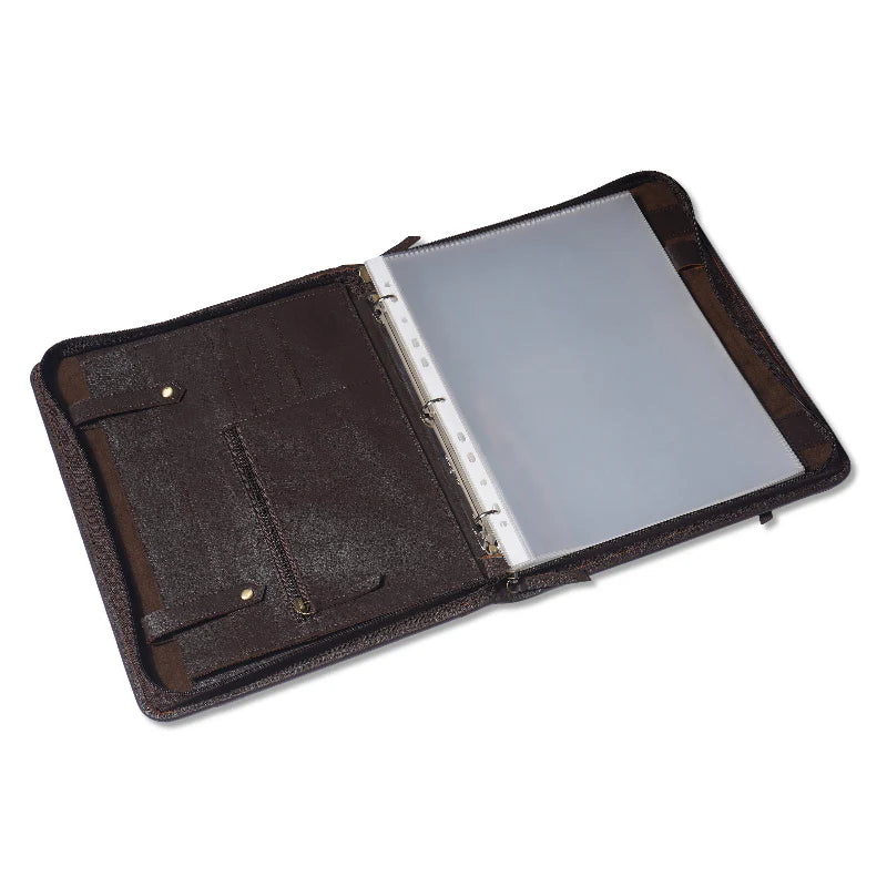 Brown leather portfolio with a clear plastic sheet inside on a white background