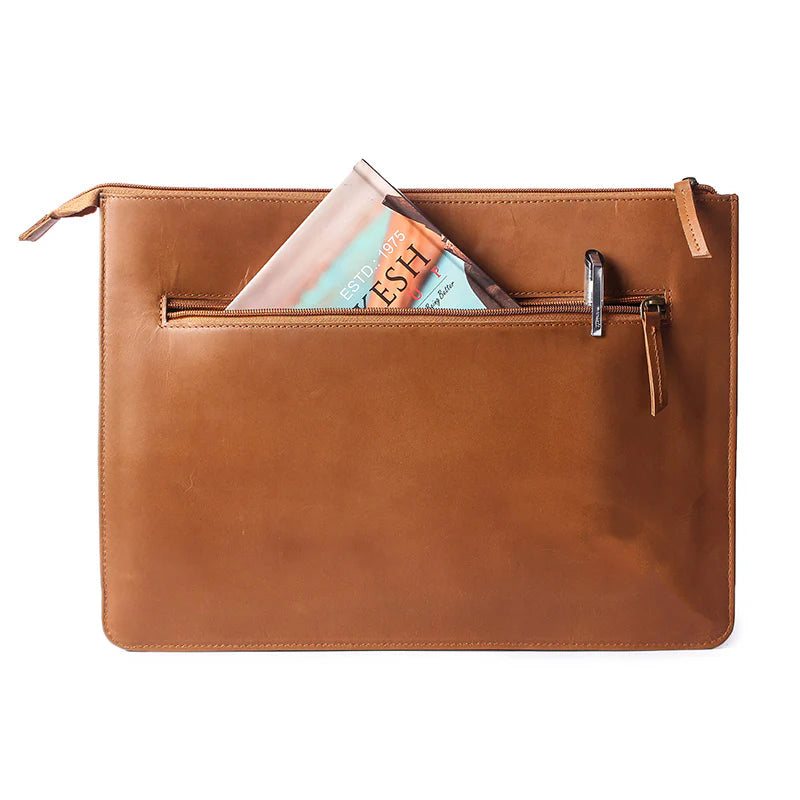 Brown leather pouch with a zipper on a white background