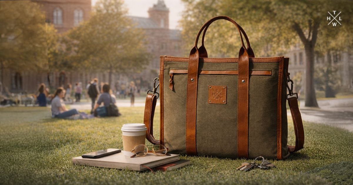 Canvas tote bag with leather straps placed on a college campus lawn with books coffee cup and essentials