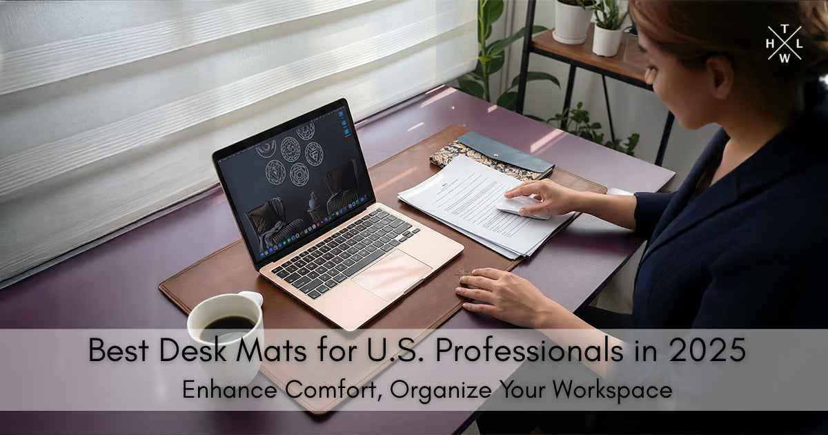 Person working at a desk with a laptop and notebook, text about best desk mats for U.S. professionals in 2025.
