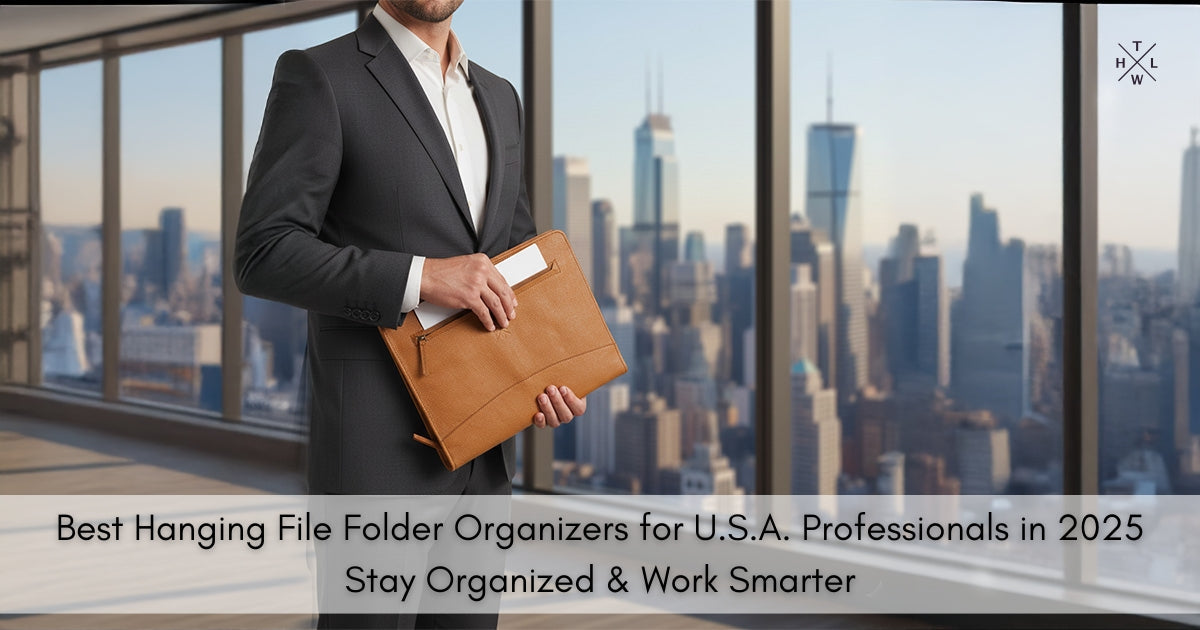 Man in suit holding a leather folder with cityscape background