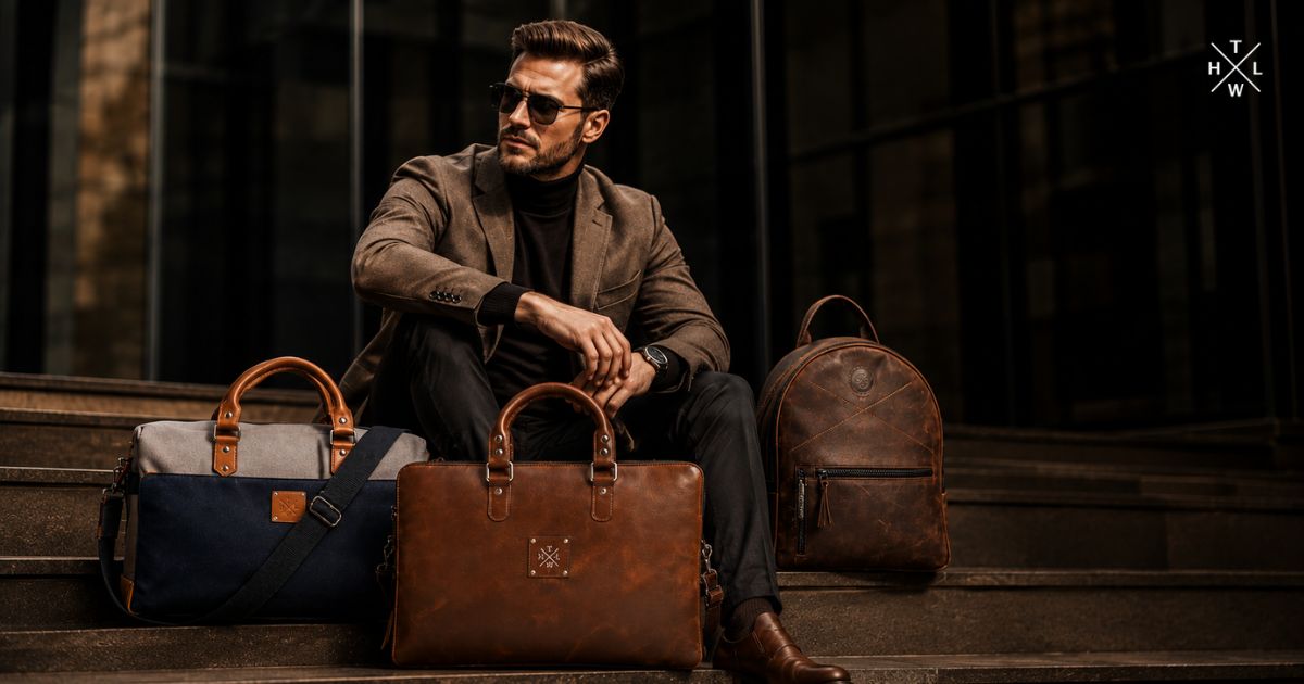 A stylish man in a blazer sitting on outdoor steps, showcasing a premium brown leather business laptop bag, a canvas-leather messenger bag, and a matching leather backpack.