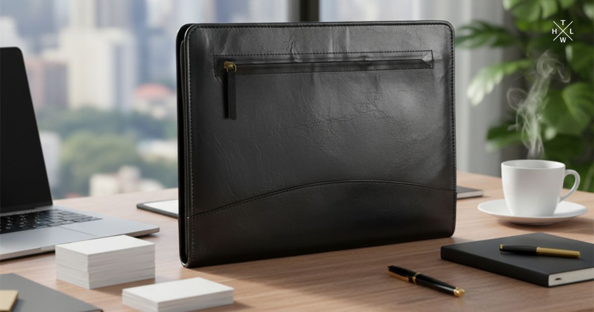 Black leather file folder on a wooden desk with laptop and coffee cup.
