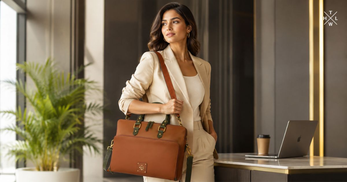 Professional woman carrying a handcrafted brown leather laptop bag in a modern office setting.