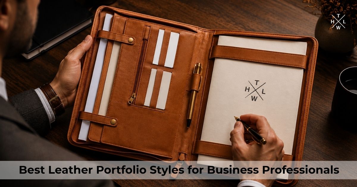 Brown leather portfolio with compartments, pen holder, and documents on a desk.