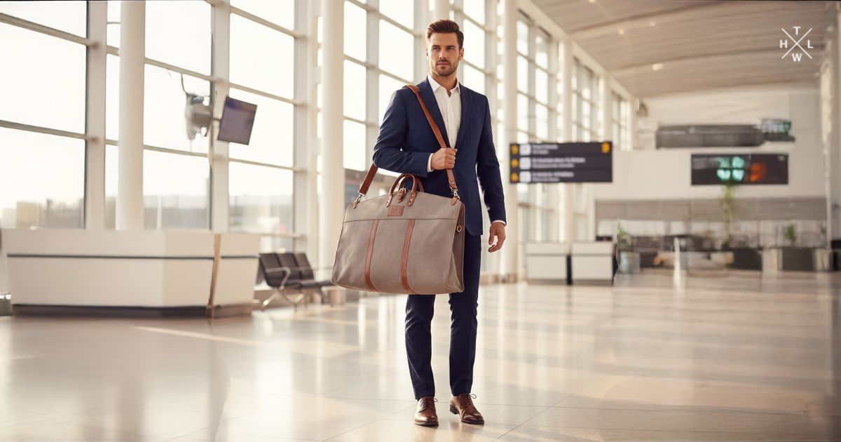 Man walking through an airport terminal carrying a stylish Personalized Garment Bag with leather straps, dressed in a formal navy suit.