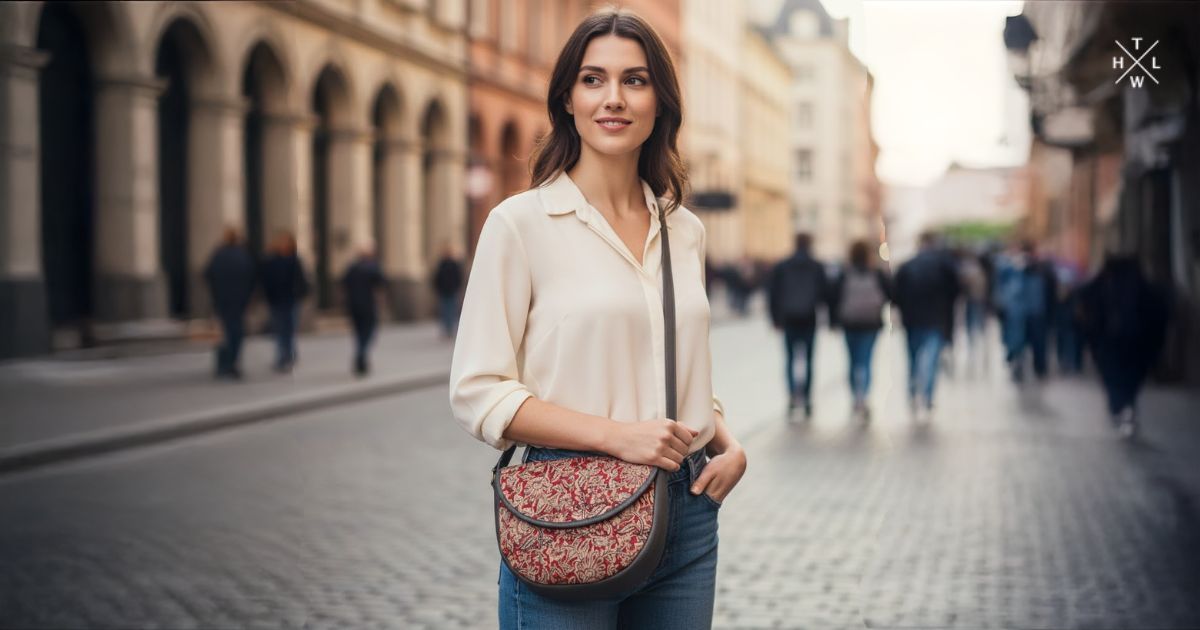 Woman standing on a city street wearing a cream blouse and jeans while carrying a red and beige floral sling bag with dark grey leather trim.