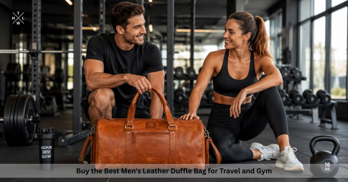 Men's leather duffle bag for travel and gym with fitness models in a modern gym setting.