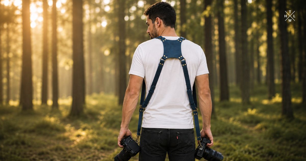 Photographer wearing a blue leather dual camera harness while holding two DSLR cameras in a sunlit forest setting.